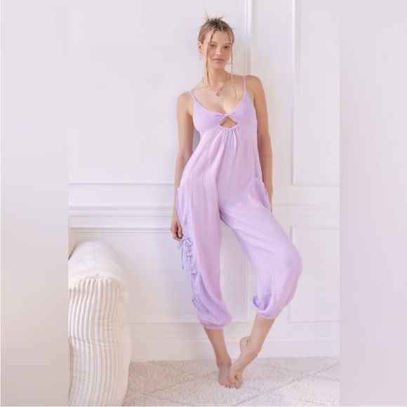 Out from Under Lavender Romper Jumpsuit w Oversized Bottoms and Cinching Ties UO - Picture 1 of 15